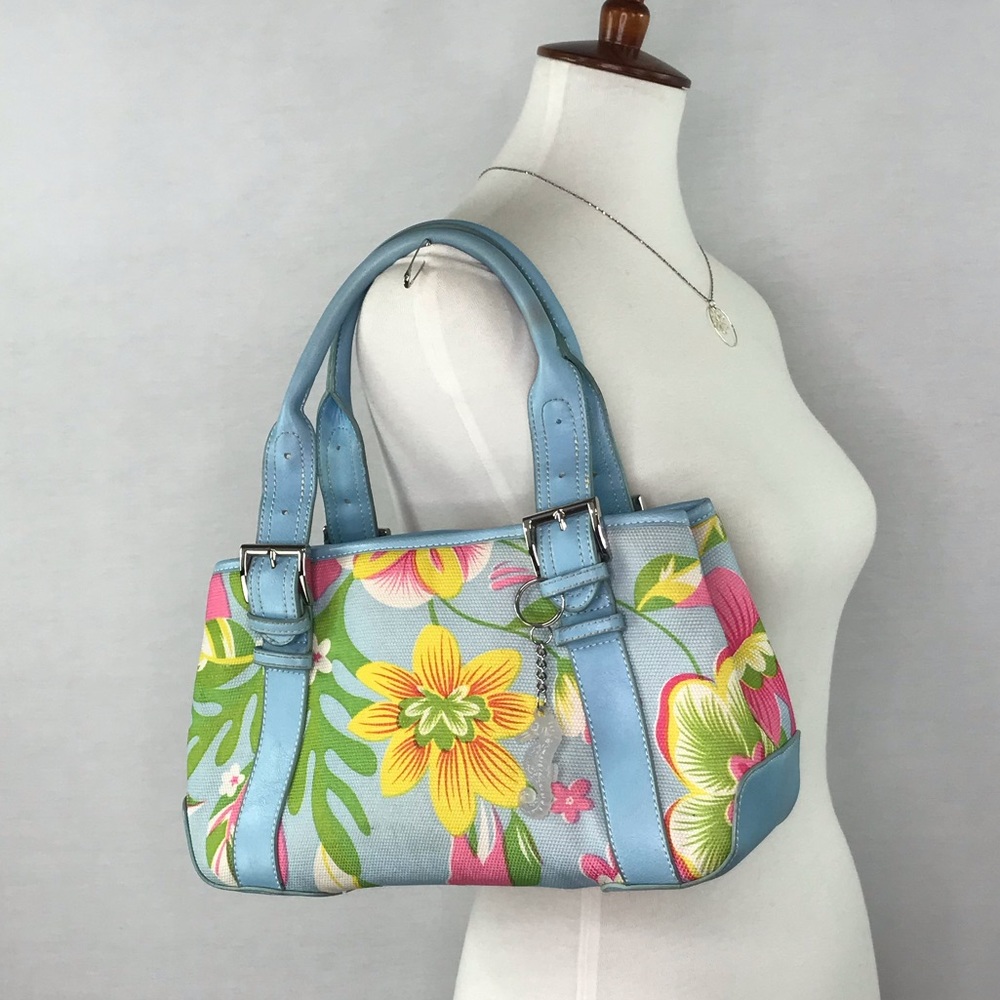 Vintage Pastel Blue Floral Vegan Leather Fabric Satchel